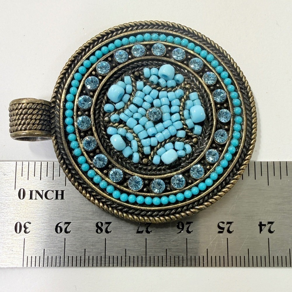 Best Bronze Round Pendant Turquoise Color Beads Starburst Center Blue Jewelry - Picture 6 of 6
